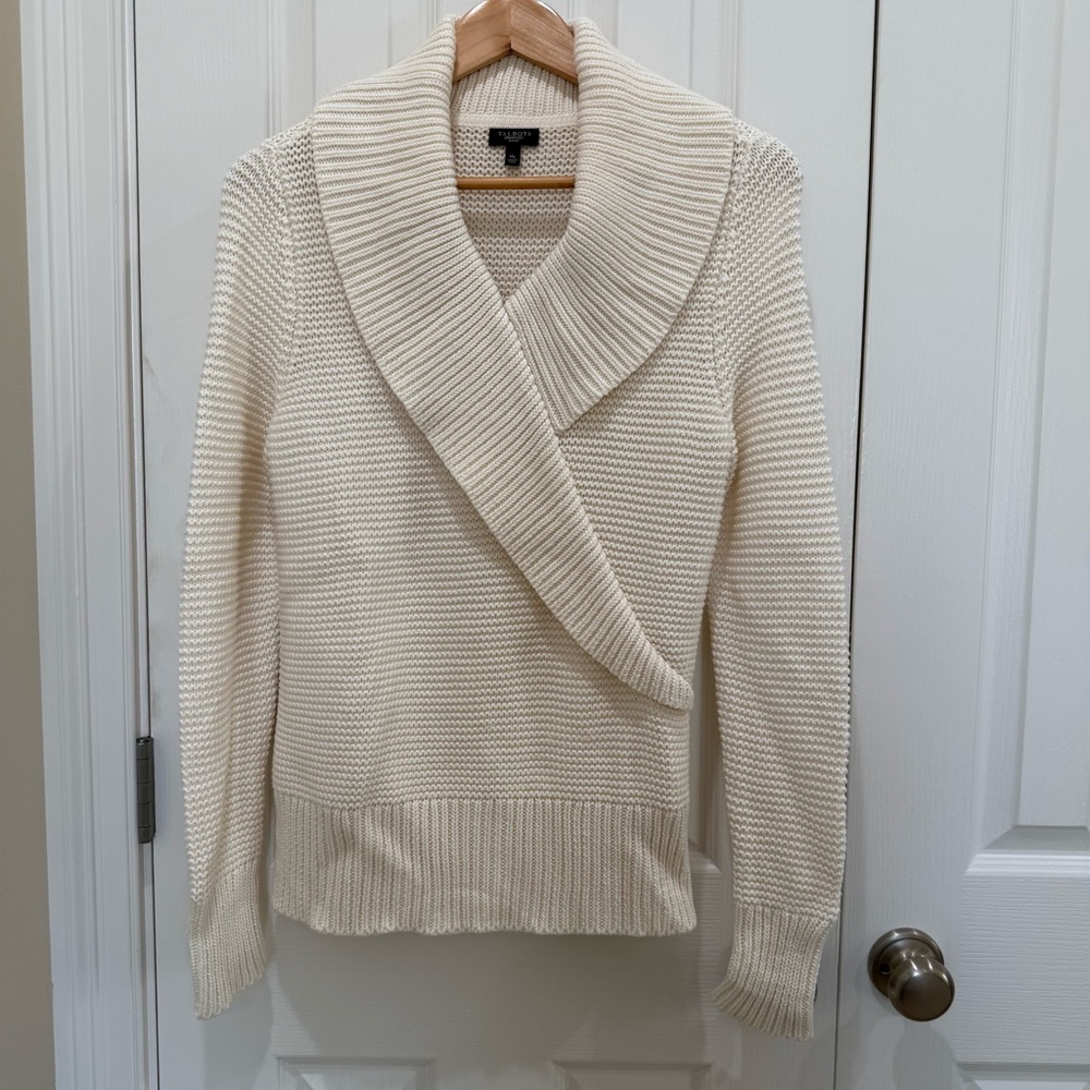 Talbots Petites Ivory Cream Faux Wrap Shawl Collar Chunky Knit Sweater EUC M MP